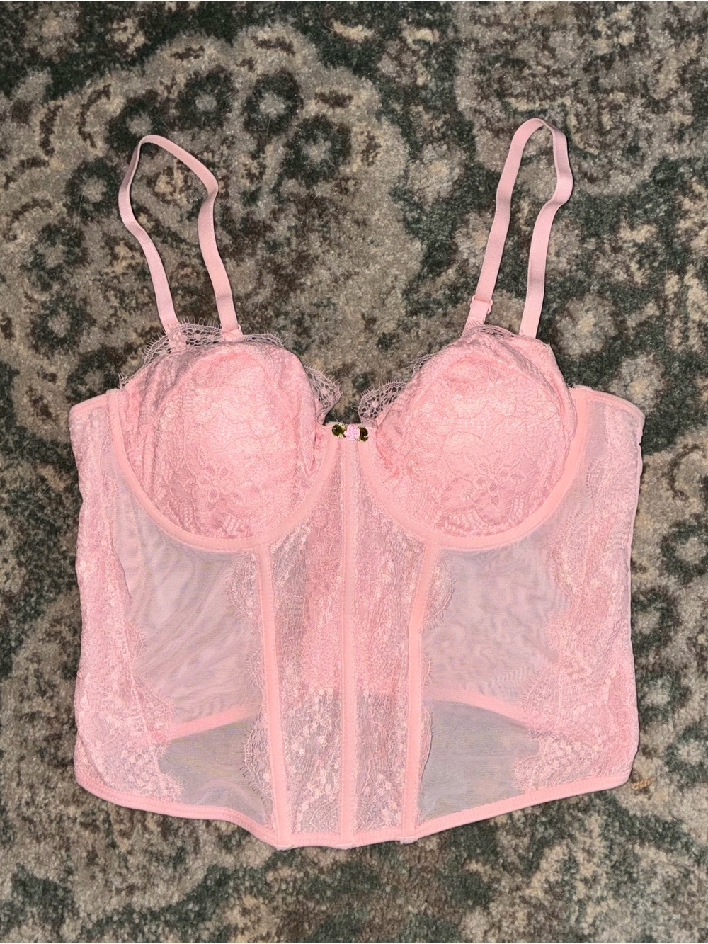 Rue 21 Corset Bustier Top Pink Sheer Lace Mesh Y2K Fairy Coquette Women’s Sz L